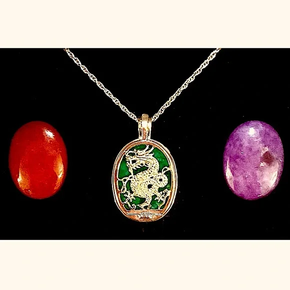 CHINESE DRAGON STERLING SILVER REVERSIBLE INTERCHANGEABLE JADE